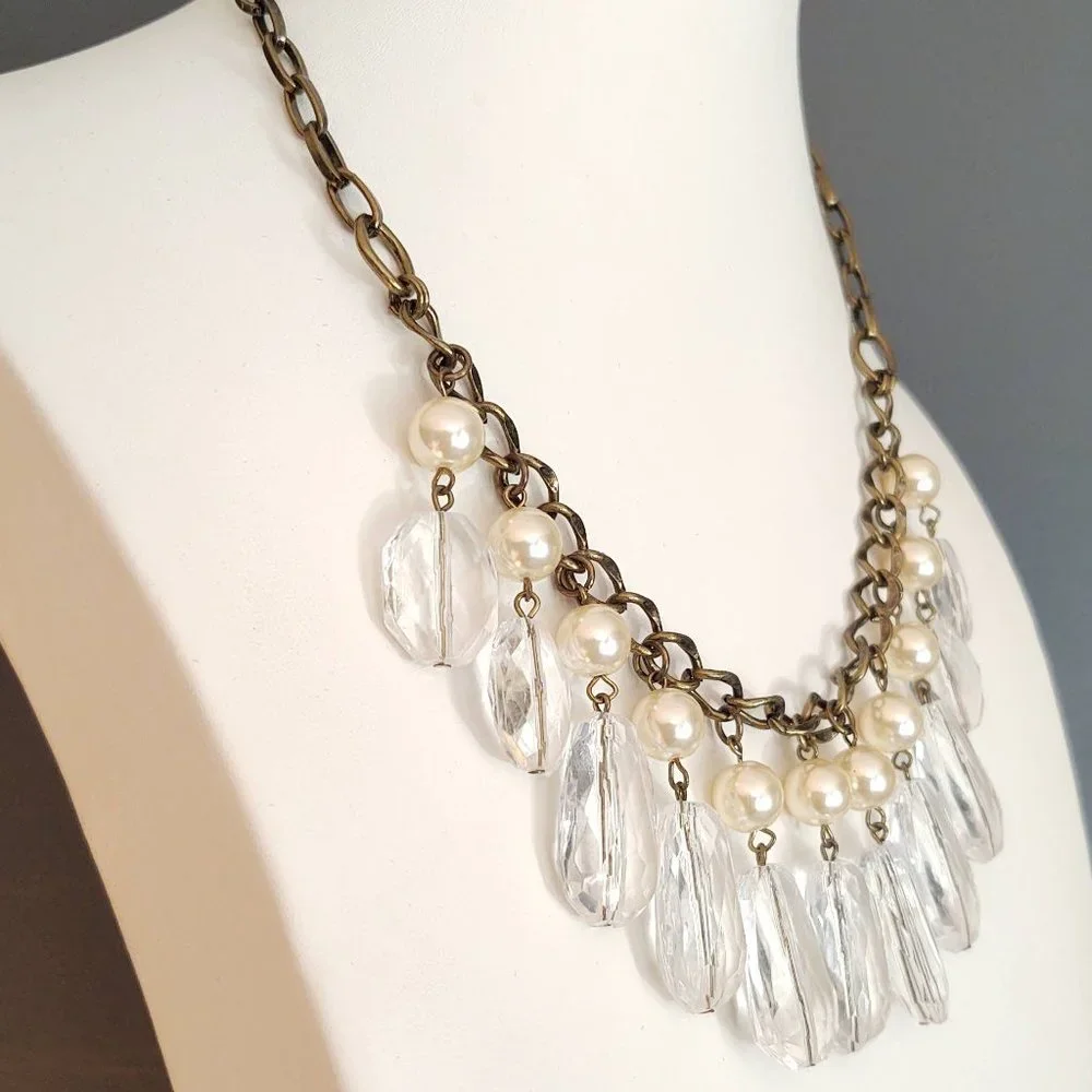 Faux pearl and clear bead dangle statement necklace
